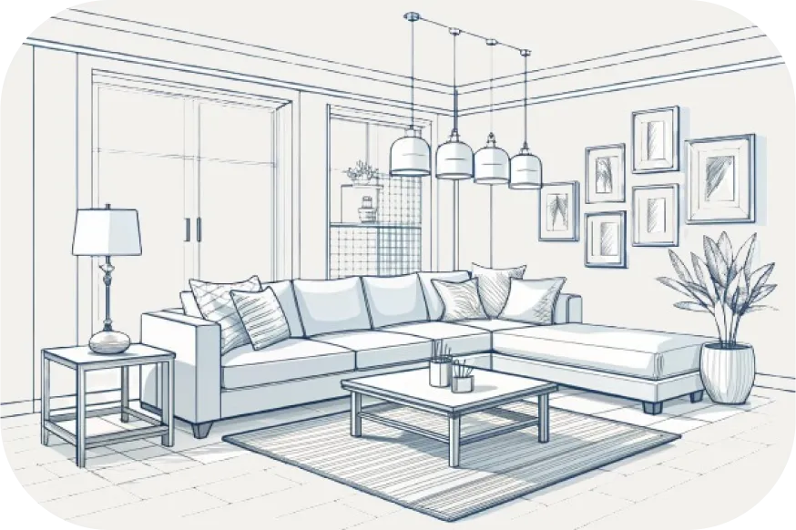 Living room sketch with sofa, table, wall art, lights, and a plant.