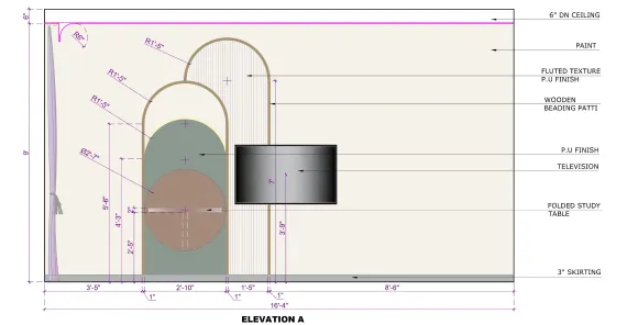 A technical drawing of a bedroom interior.
