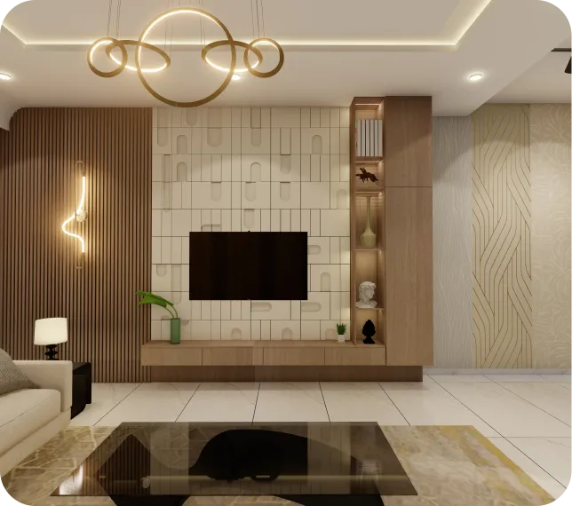 A rendering of a modern living room interior.