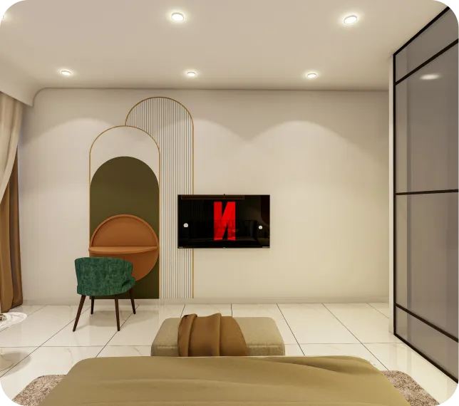A rendering of a modern bedroom interior.