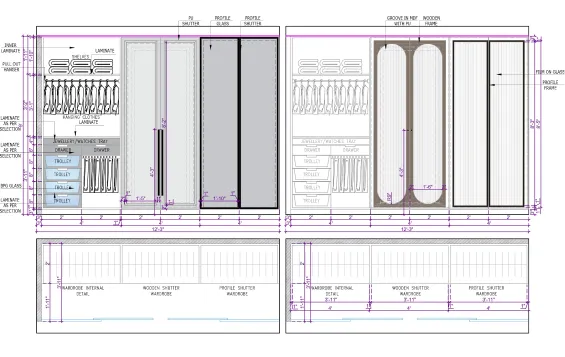 A technical drawing of a walk-in closet.