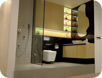 A rendering of a modern bathroom.