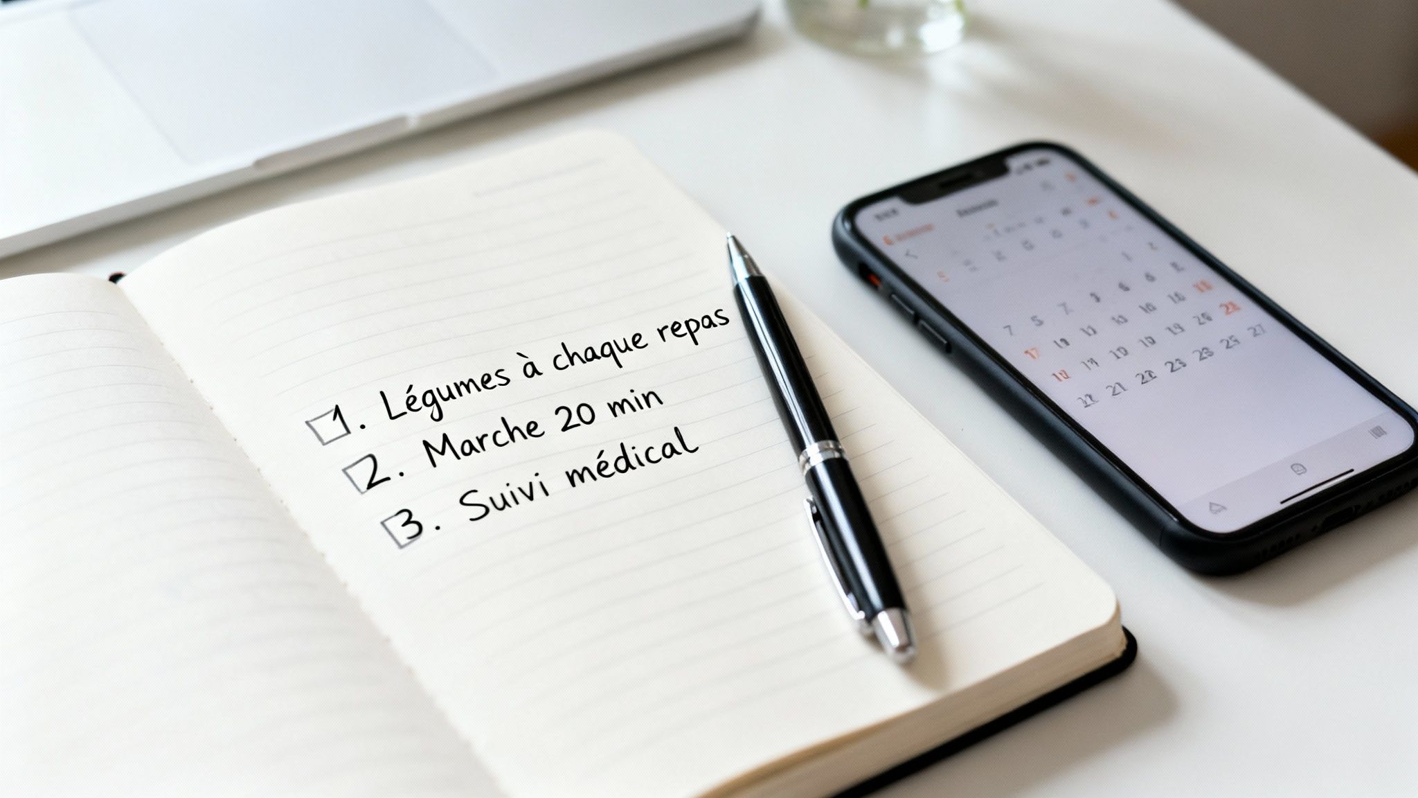 Un carnet ouvert avec une liste de tâches manuscrite, un stylo et un smartphone affichant un calendrier sur un bureau blanc.