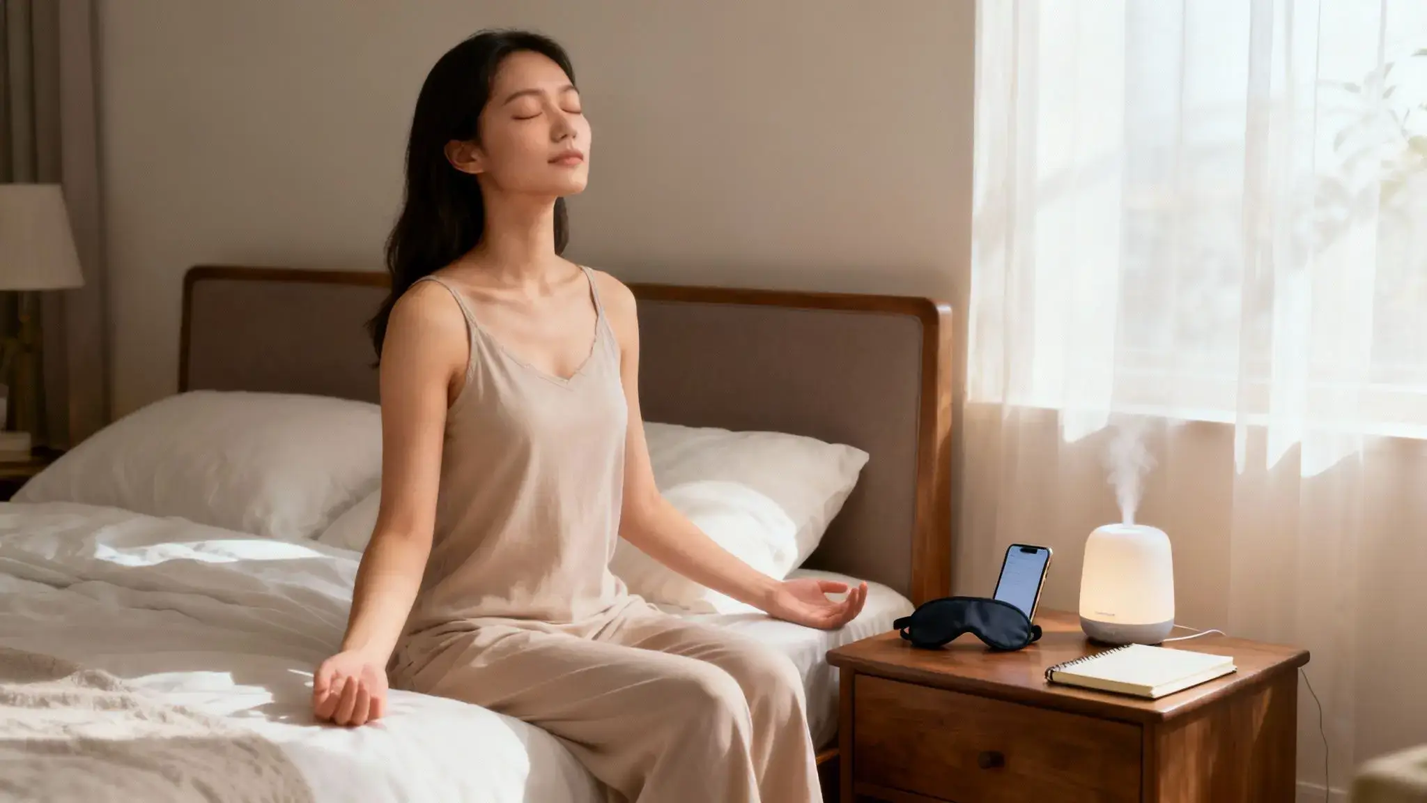 Jeune femme pratiquant la méditation matinale assise sur son lit dans une chambre lumineuse et paisible