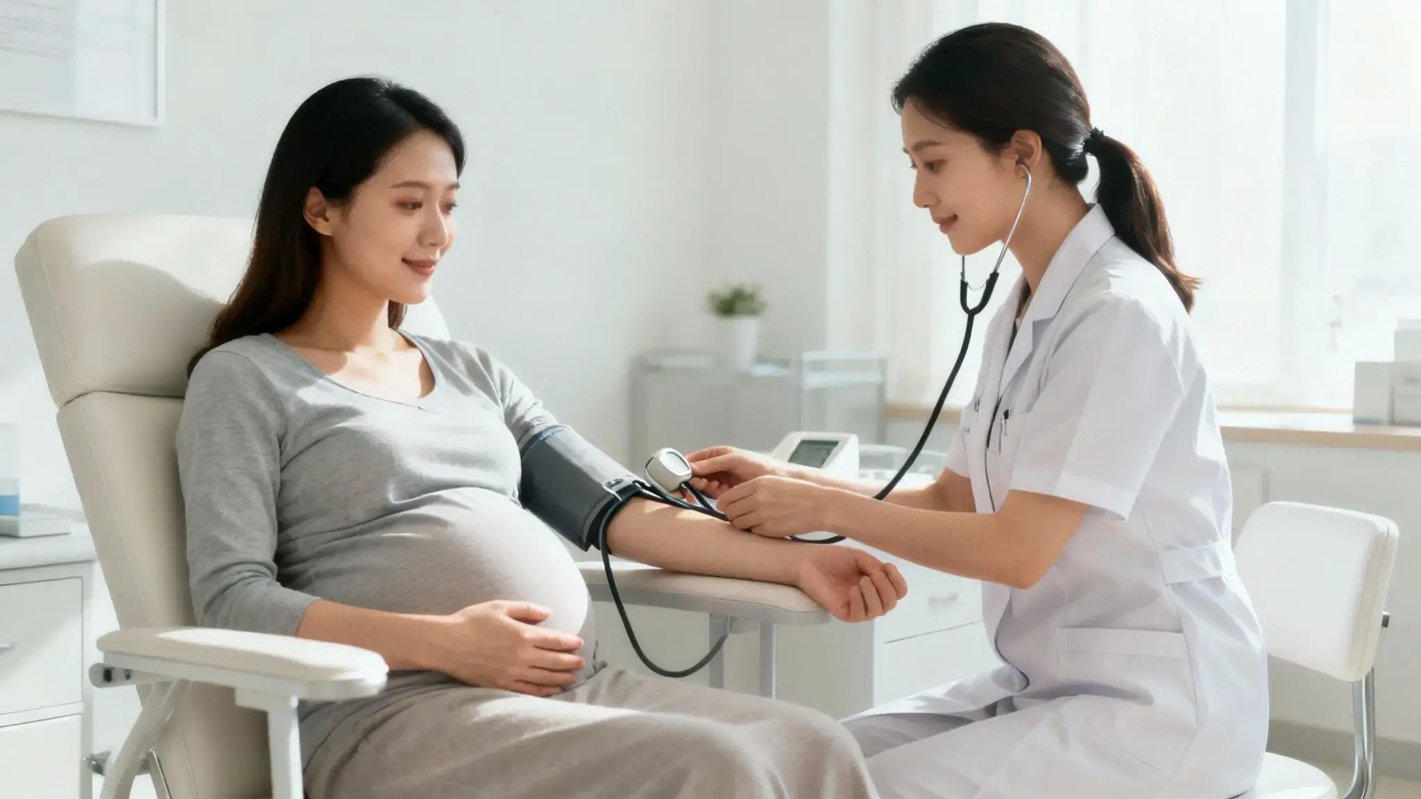 Une femme enceinte tenant son ventre avec tendresse, assise dans un cadre lumineux et apaisant