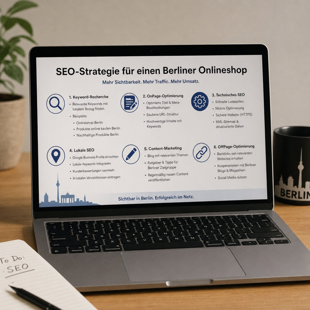 SEO-Strategie für einen Berliner Onlineshop auf einem Laptop