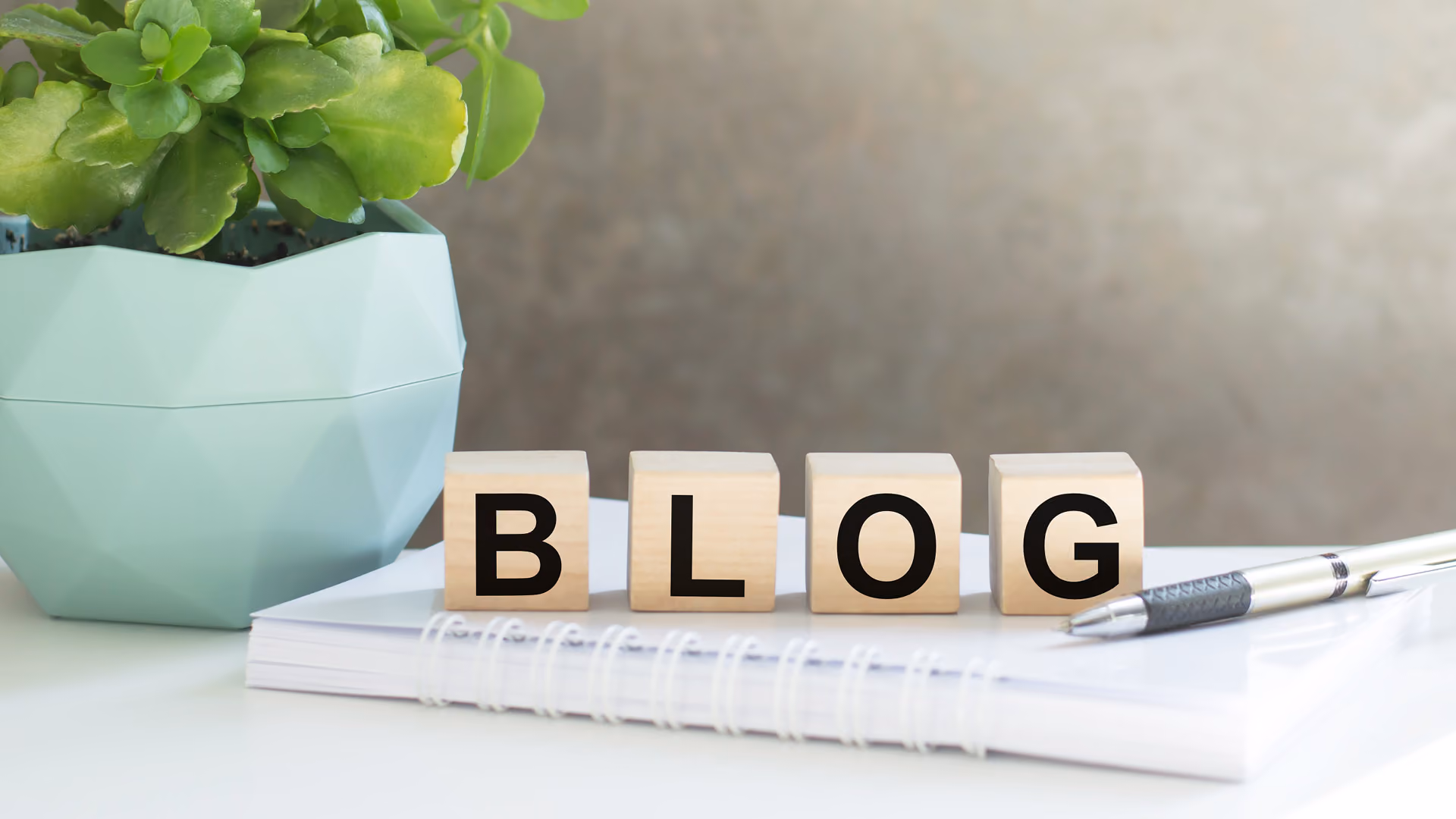 A workspace with a blog block, a notebook, and a decorative plant on a wooden desk.