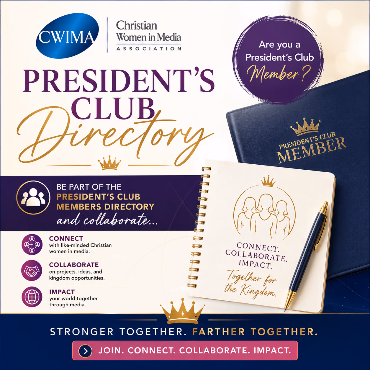 Promotion for Christian Women in Media President's Club Directory encouraging connection, collaboration, and impact.