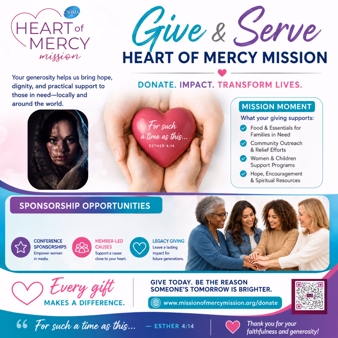 Hands holding a heart with Esther 4:14, promoting Heart of Mercy Mission giving and sponsorship opportunities.