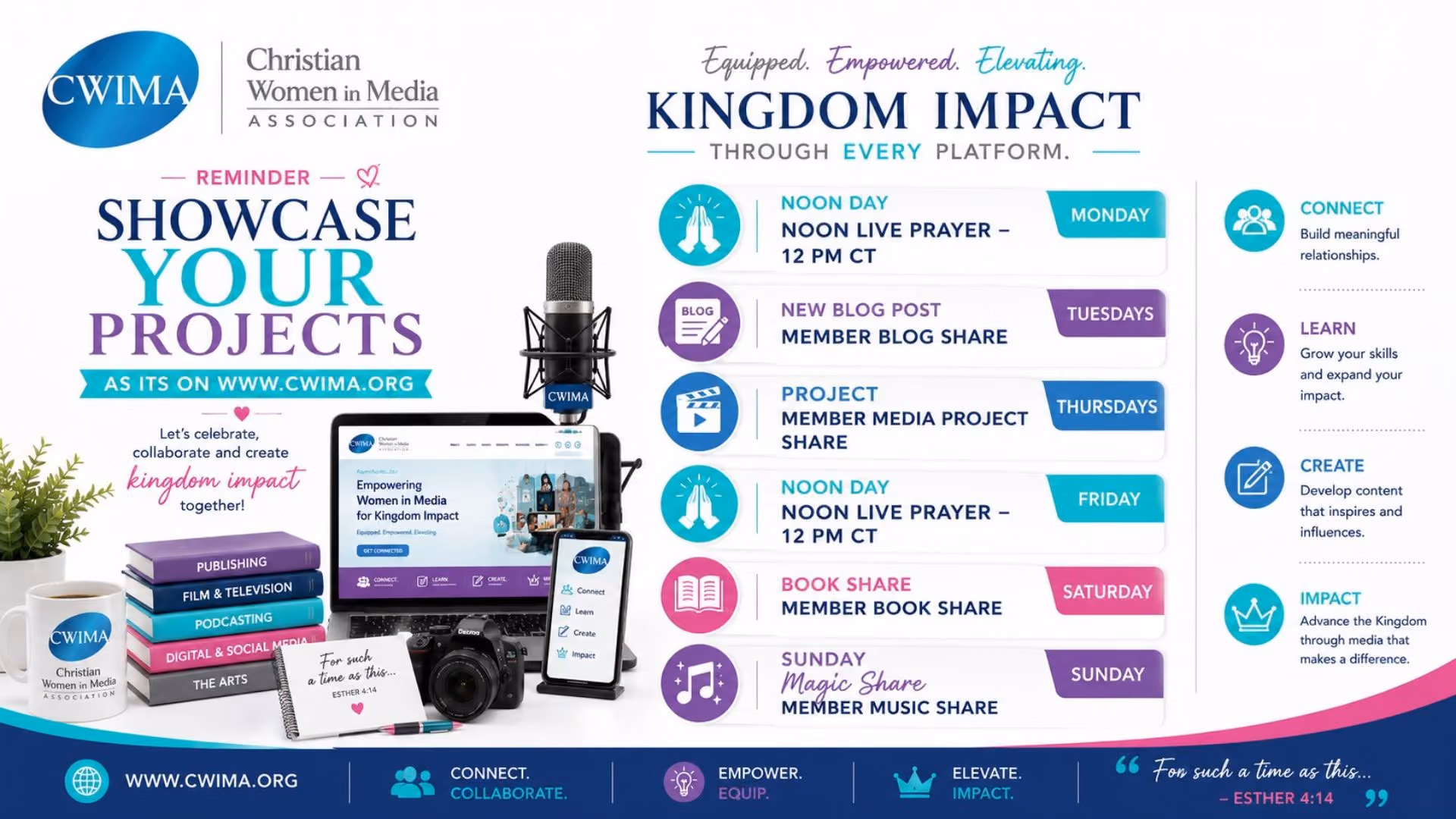 CWIMA promotes Kingdom Impact via weekly events: prayer, blog, projects, book, and music shares.