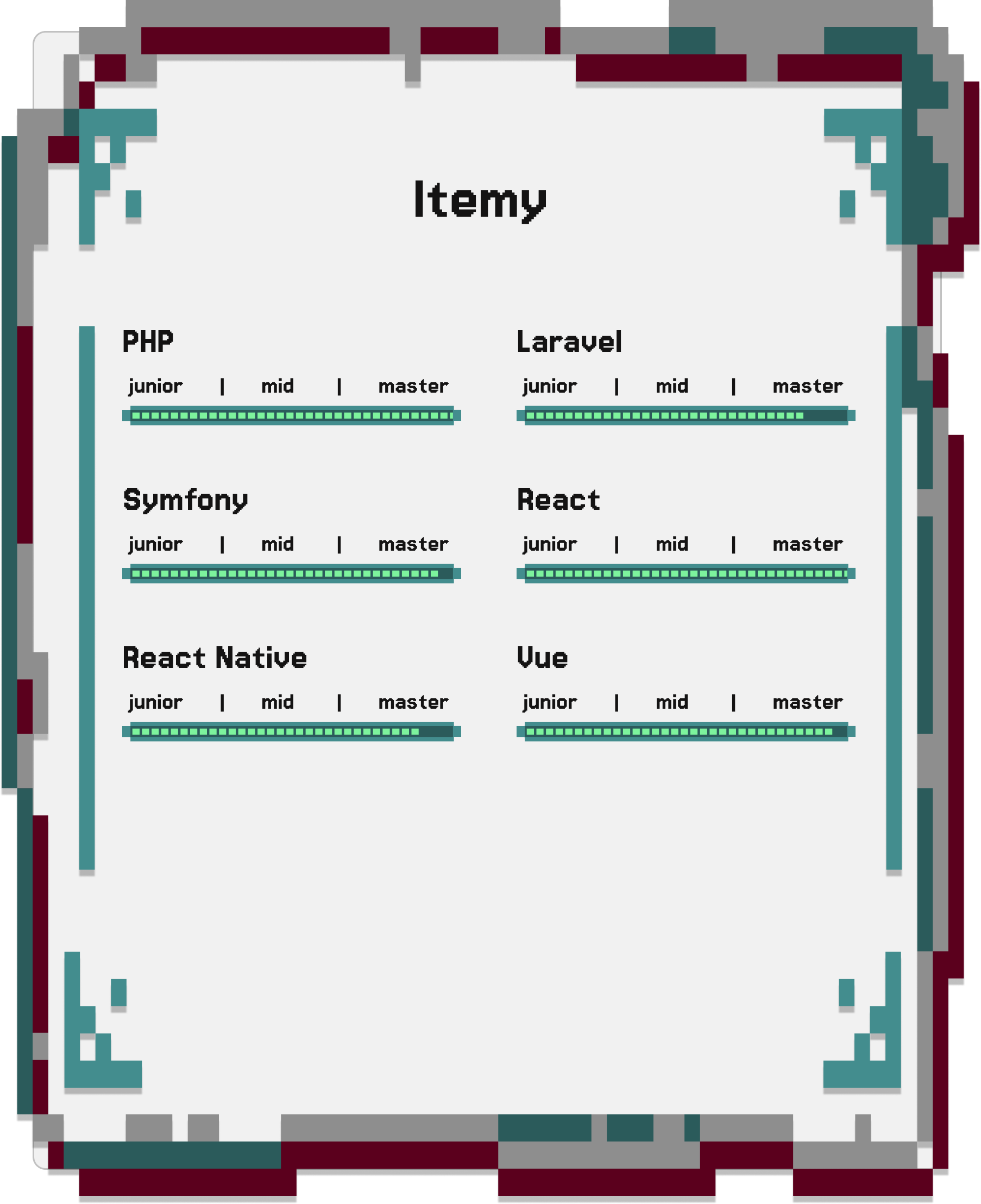 Tył Karty gracza ,,Itemy" - PHP master, Symfony master, React Native master, Laravel master, React master, Vue master.

