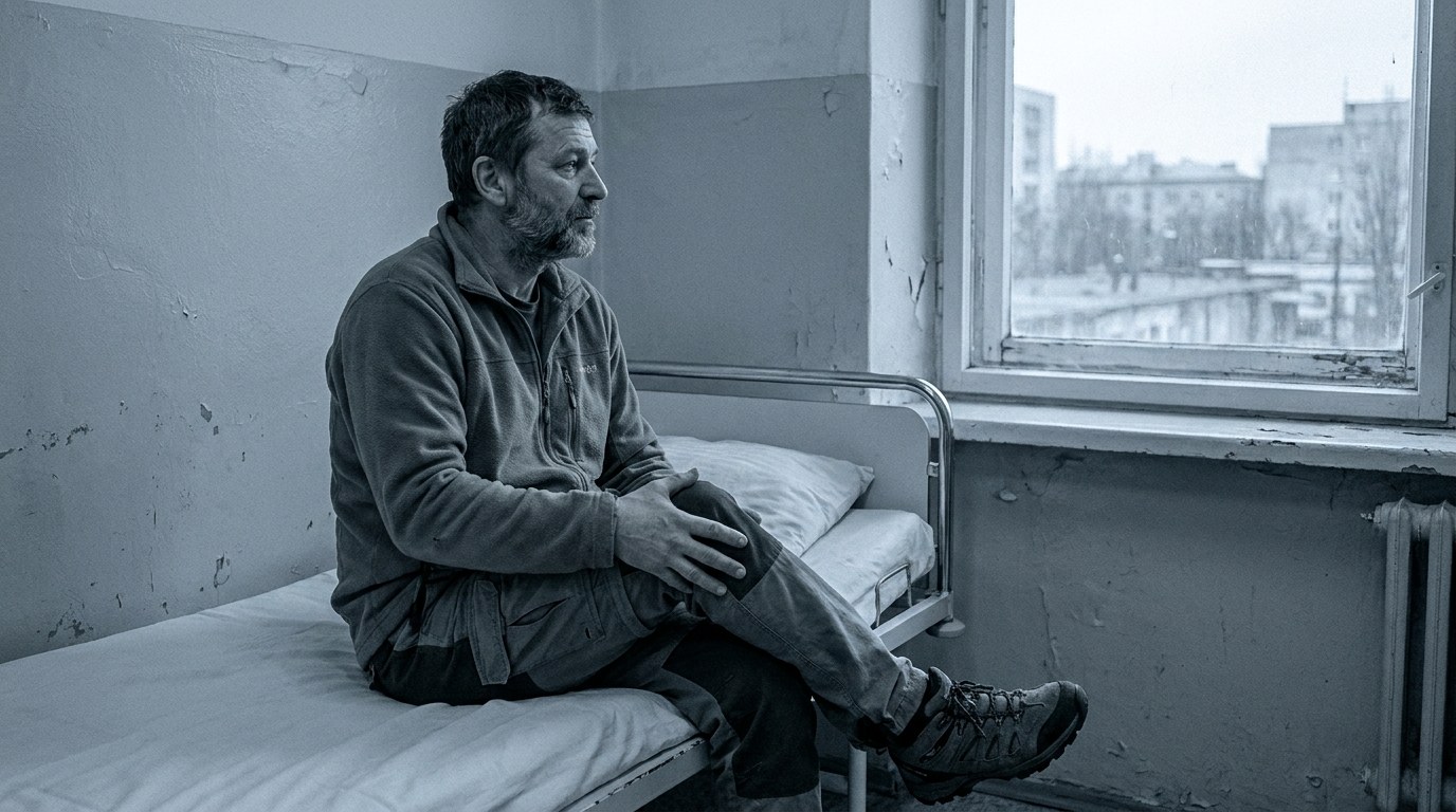 Patient waiting for an NHS high tibial osteotomy referral in a UK hospital consulting room