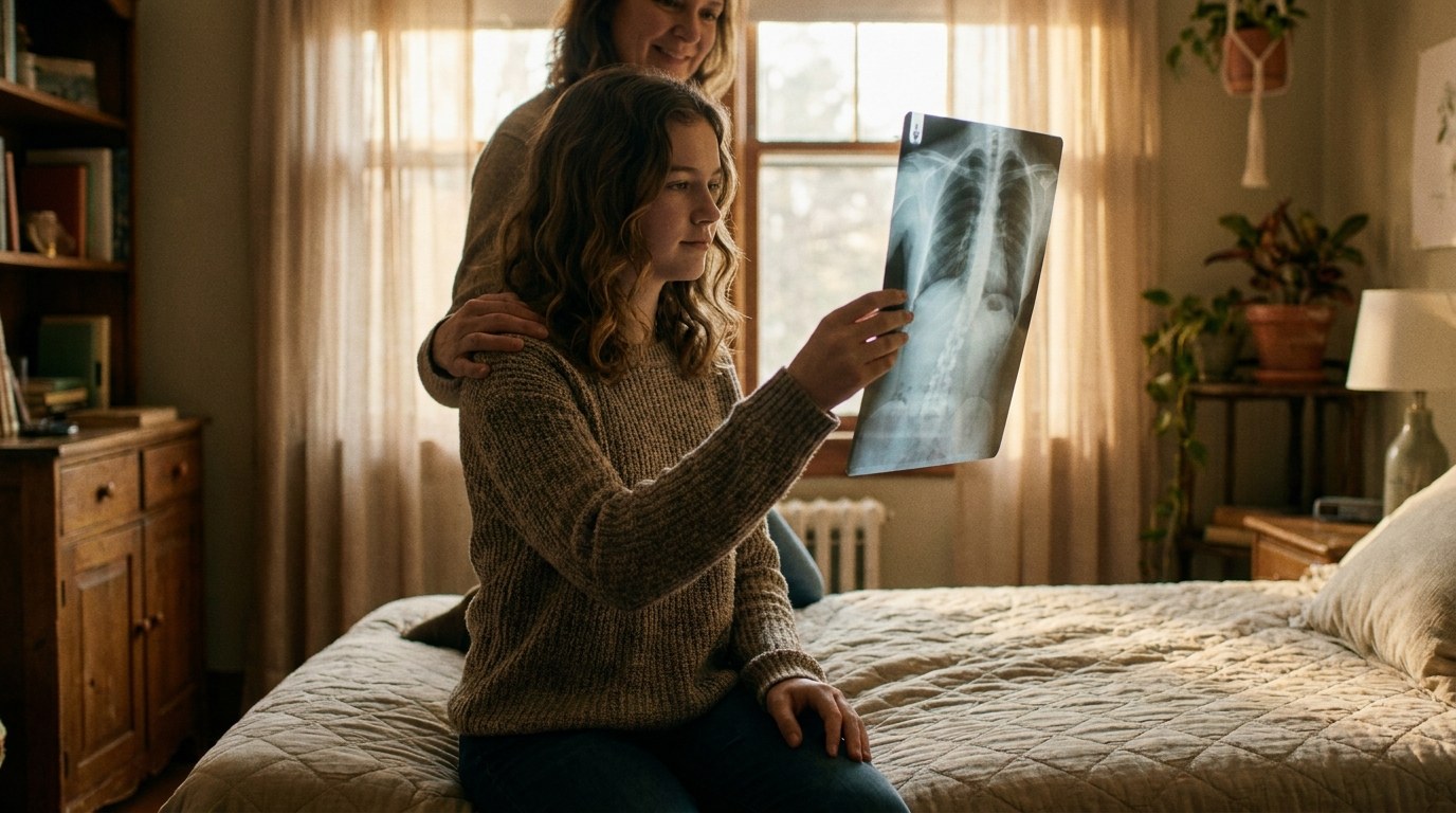 Teenage scoliosis patient and parent reviewing spinal imaging while waiting for NHS surgery