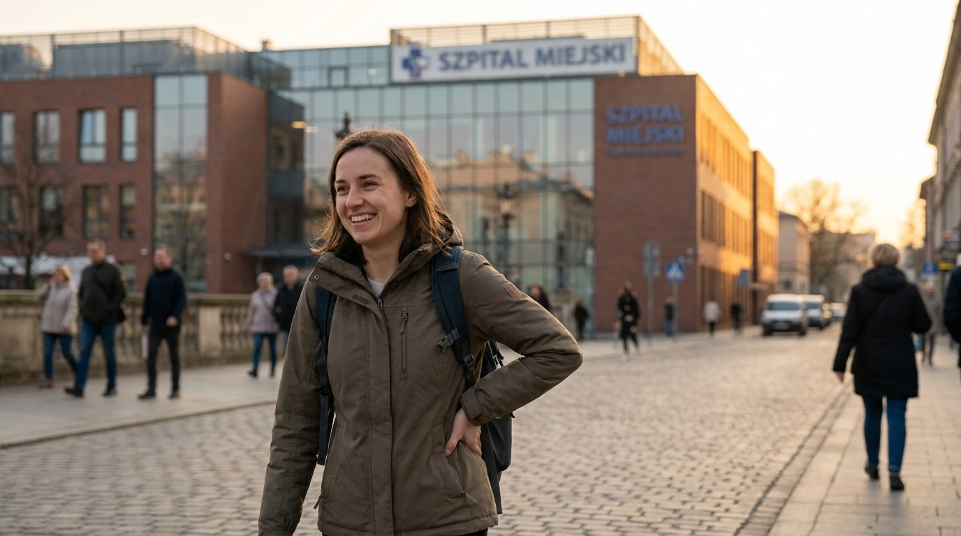 Patient walking confidently on a Polish street after femoral osteotomy hip preservation surgery
