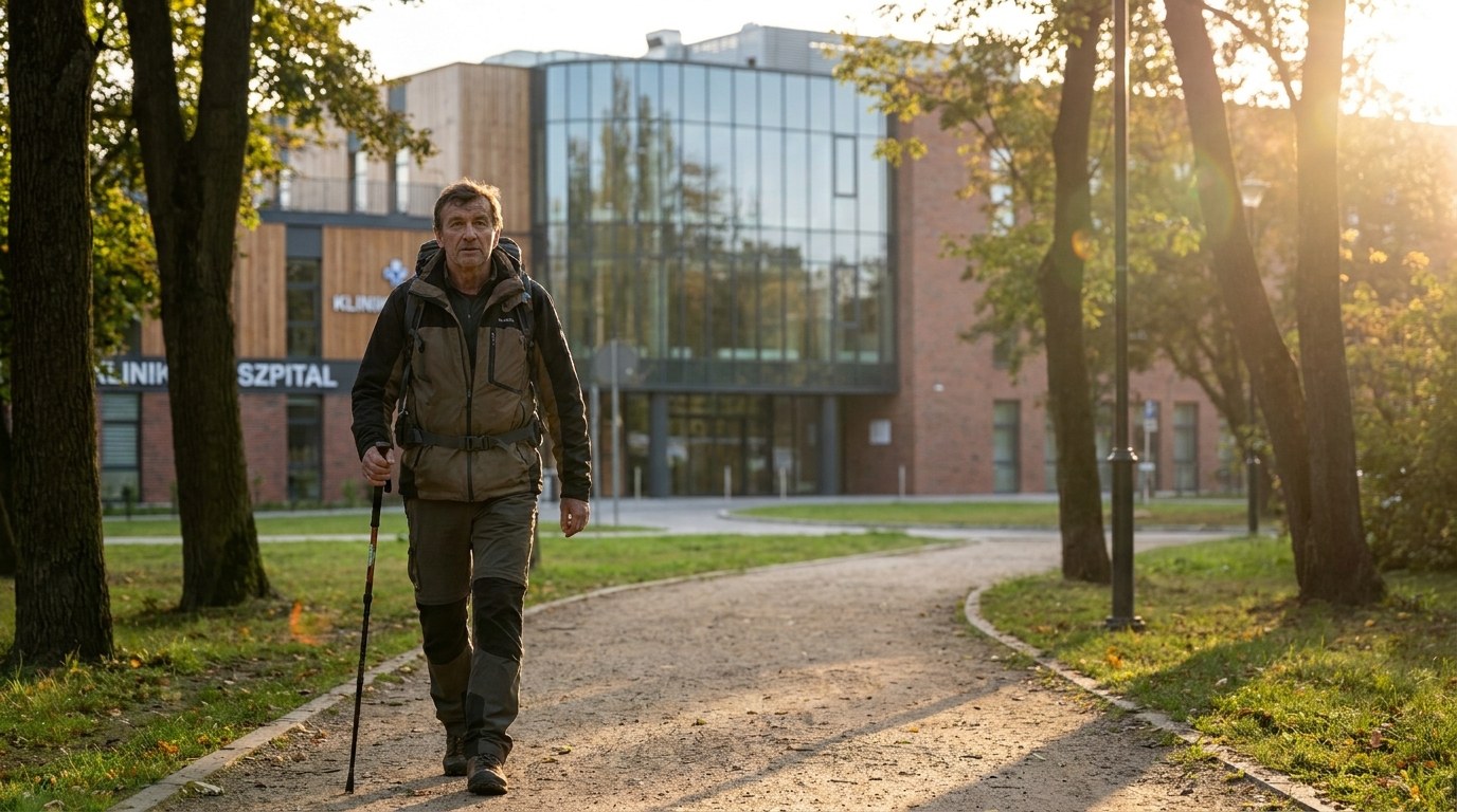 Patient walking confidently outdoors after ankle fusion arthrodesis surgery in Poland