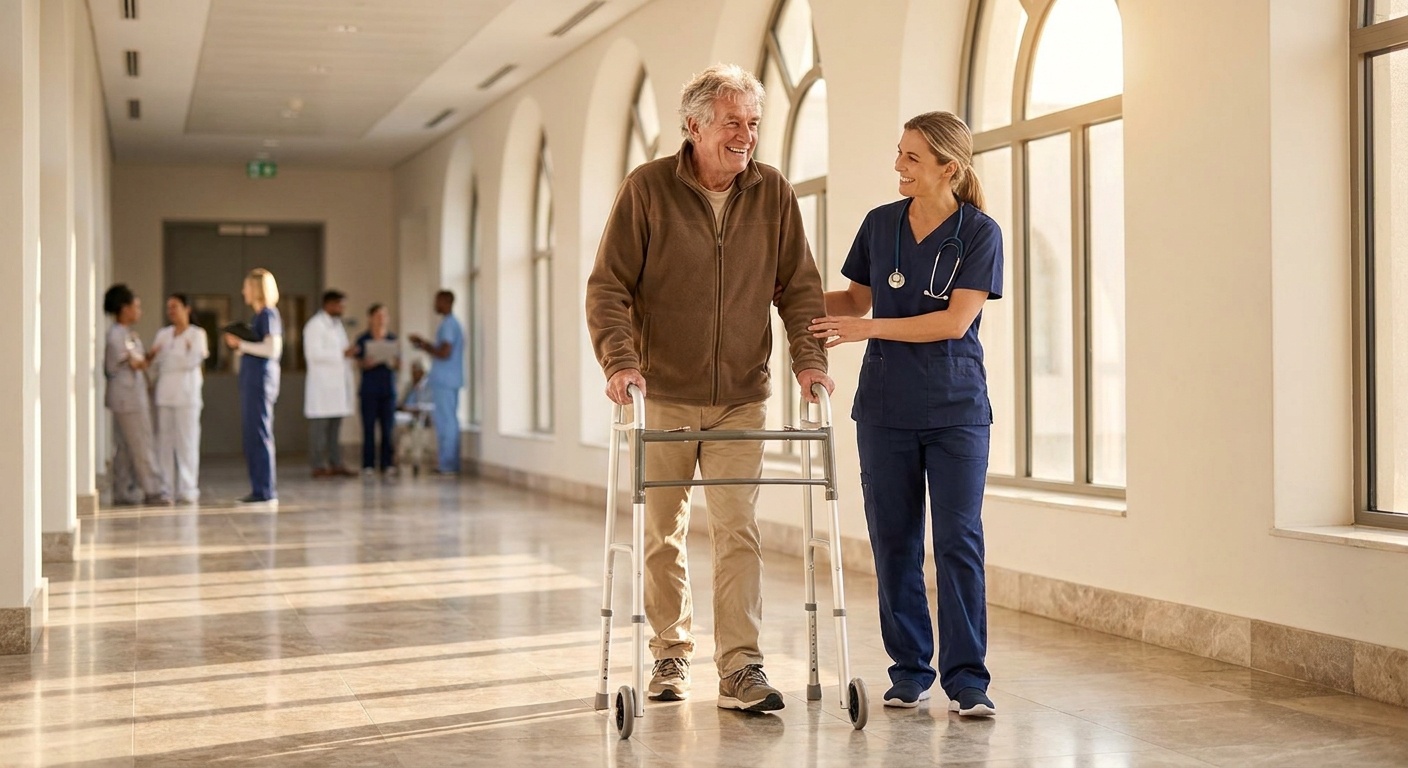 Patient walking confidently with a physiotherapist after hip replacement surgery in a modern European hospital