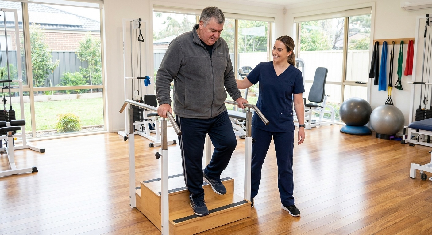 Patient practicing stair climbing exercises during knee replacement rehabilitation at a modern European clinic