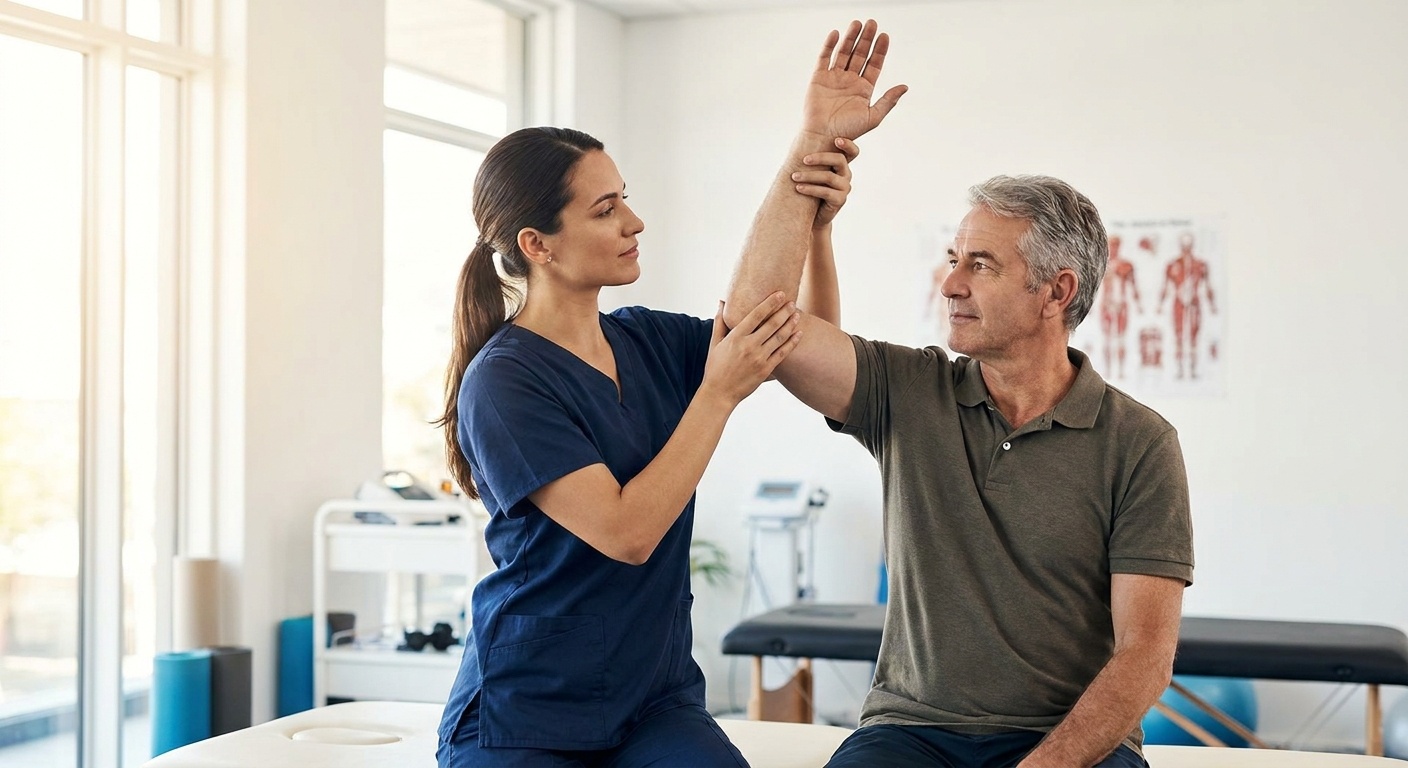Physiotherapist helping patient raise arm during shoulder replacement rehabilitation at a modern European clinic