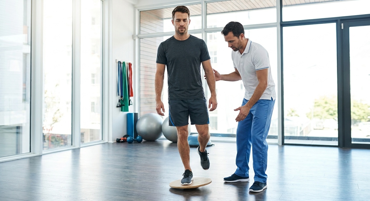 Young male athlete working with physiotherapist on knee rehabilitation after ACL reconstruction surgery in Poland