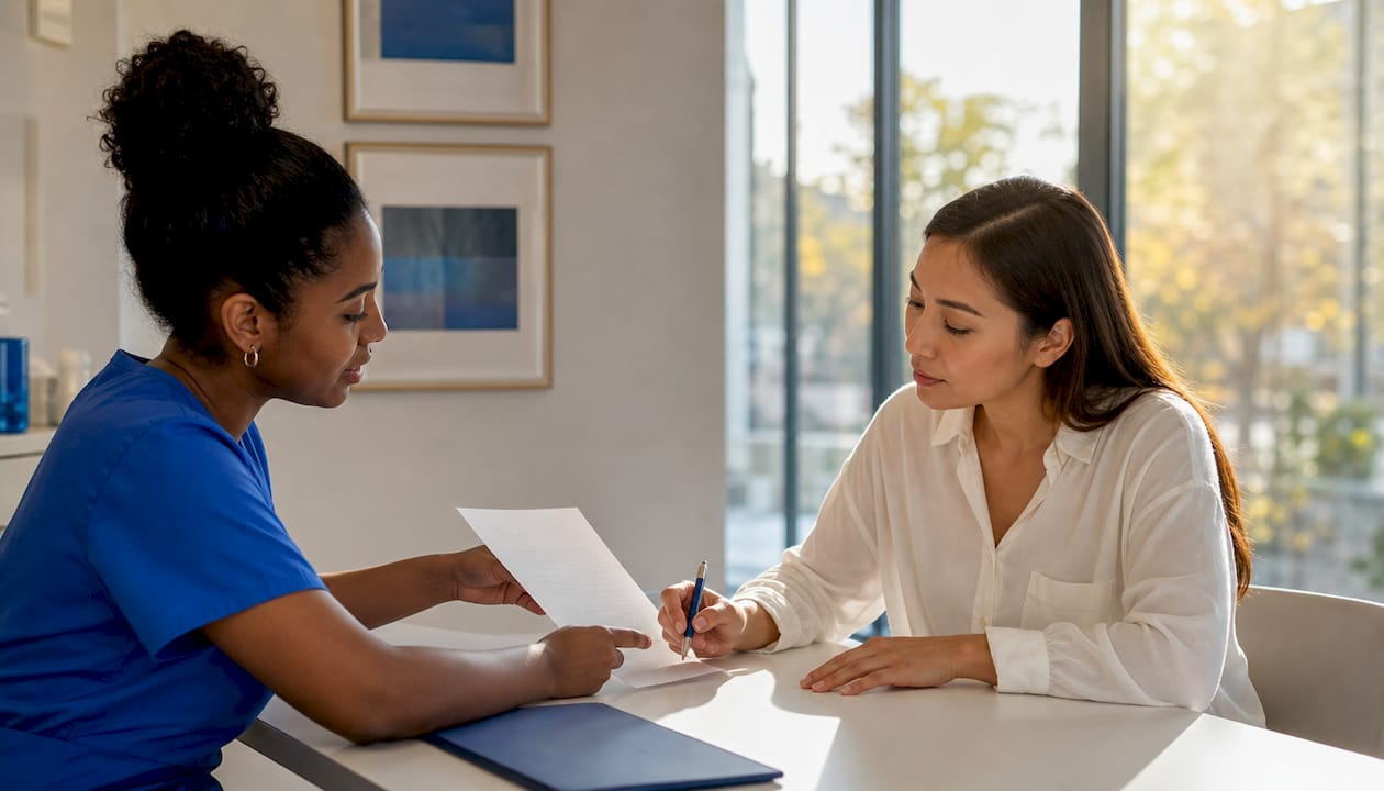 Hands holding and signing surgery approval document