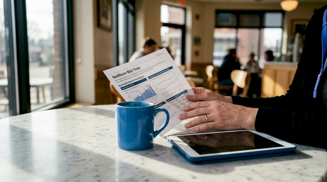 Patient's hands next to wait time documents and tablet