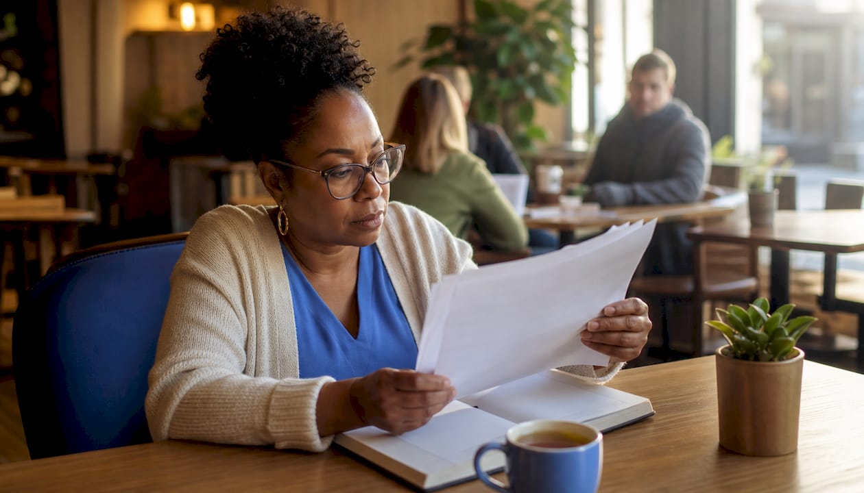 Woman reviewing surgery quotes at clinic desk