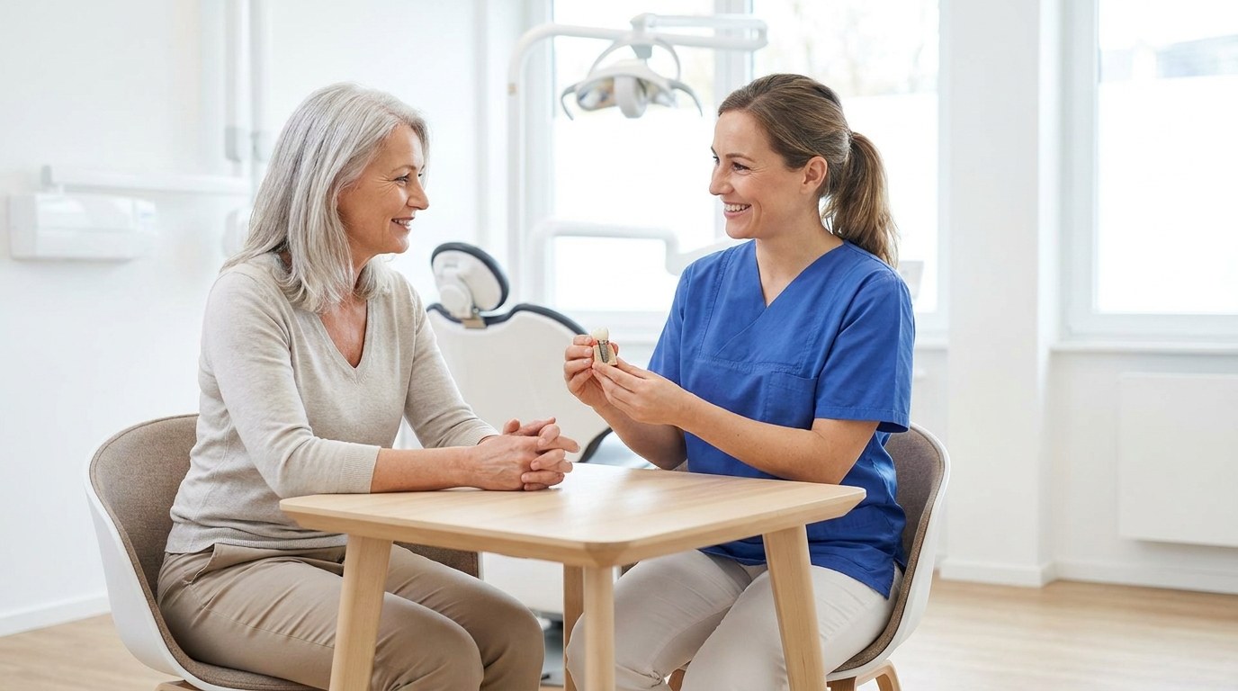 Dentist showing a UK patient a dental implant model during a consultation at a modern European clinic