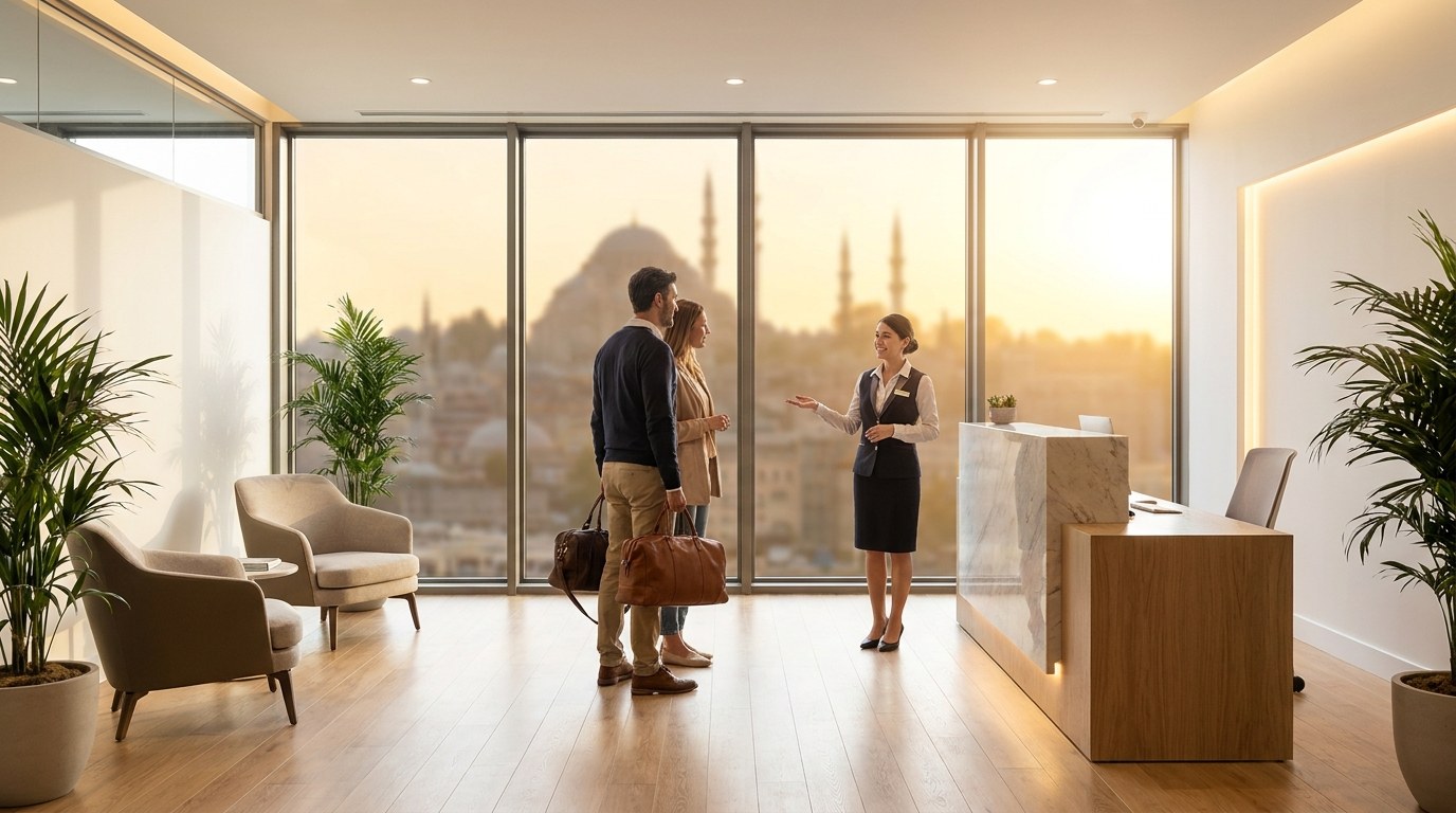 Modern dental clinic reception in Istanbul with the city skyline visible through large windows