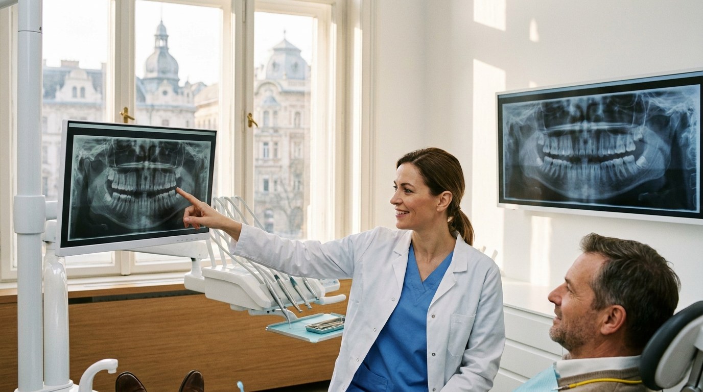 Dental patient consultation at a modern Budapest clinic with classic Hungarian architecture visible outside