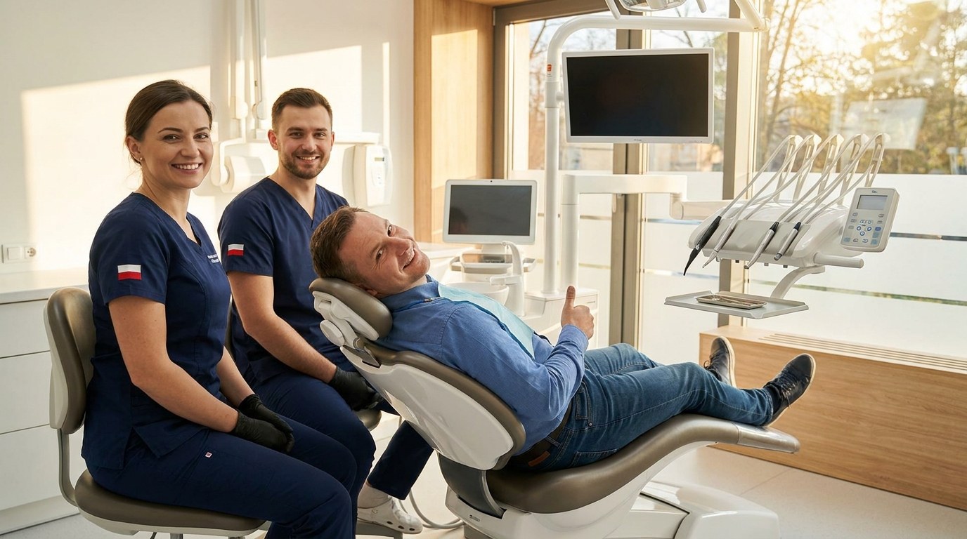 Smiling patient in a dental chair giving a thumbs up at a modern Polish dental clinic