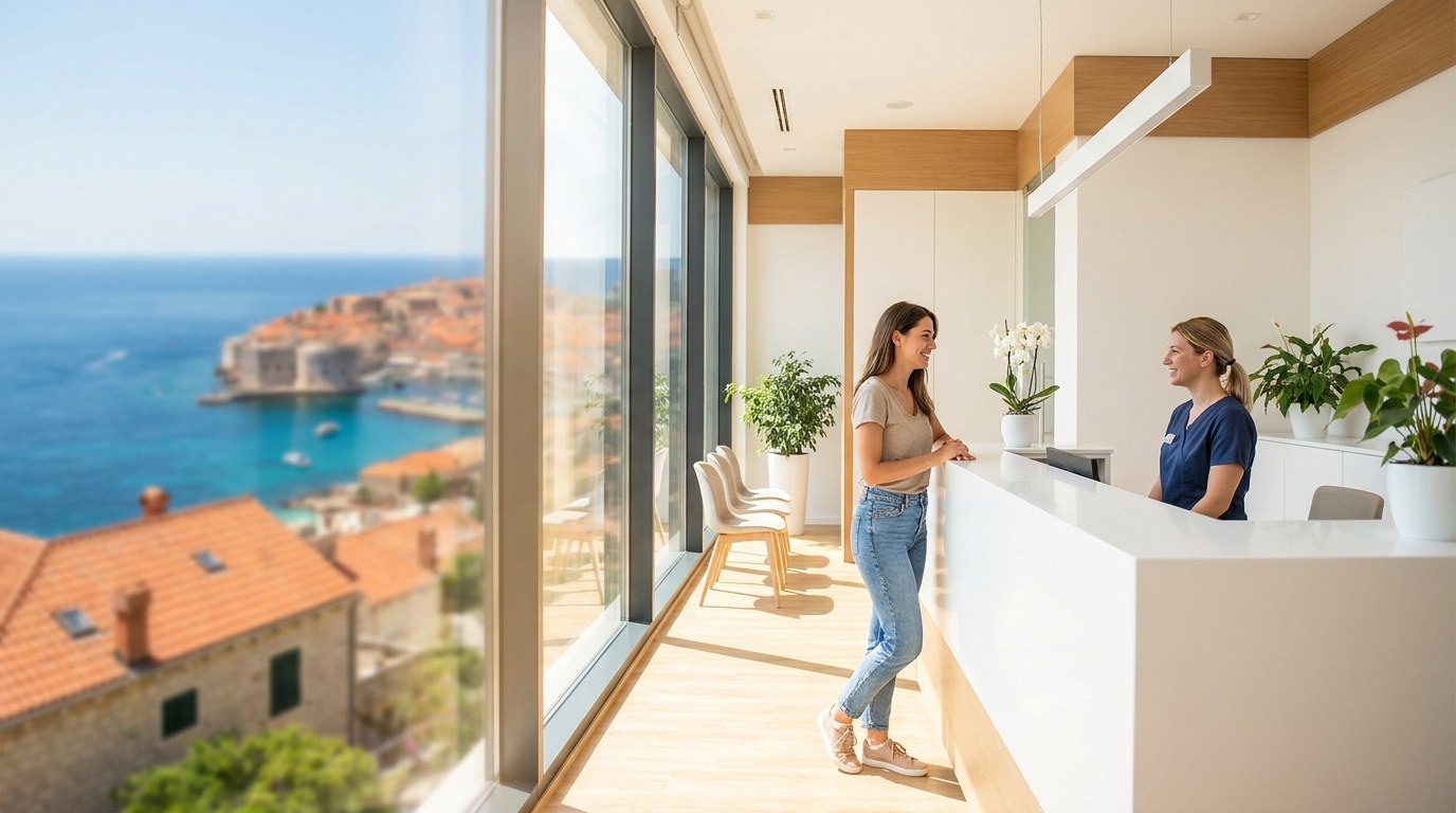 Bright Mediterranean dental clinic with sea view through the window and a patient at reception