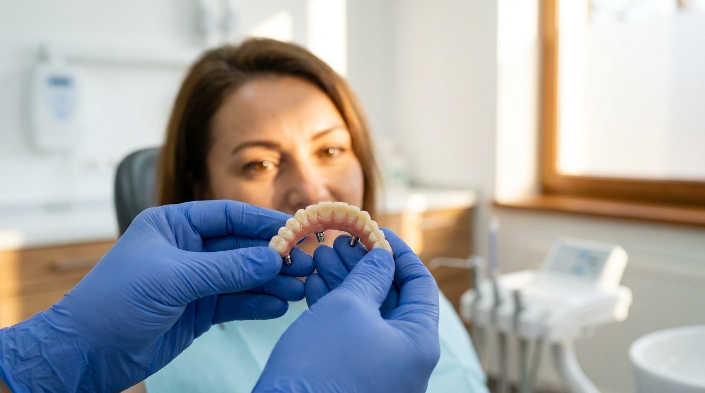 Dentist explaining an All-on-4 full-arch dental implant model to a patient in a modern clinic