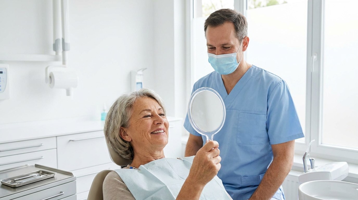 Older patient admiring their restored smile in a hand mirror at a modern European dental clinic