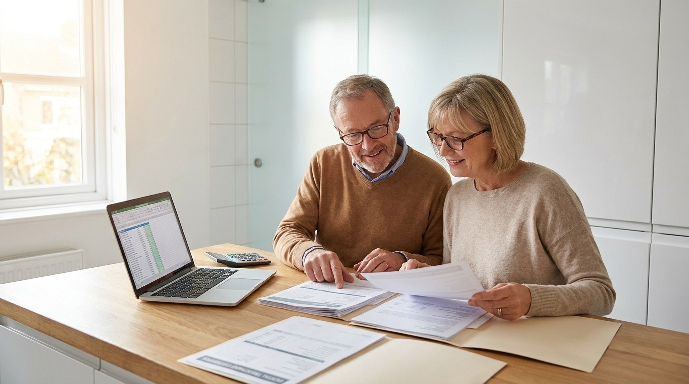 Couple comparing dental treatment quotes and costs at a kitchen table with a laptop and paperwork