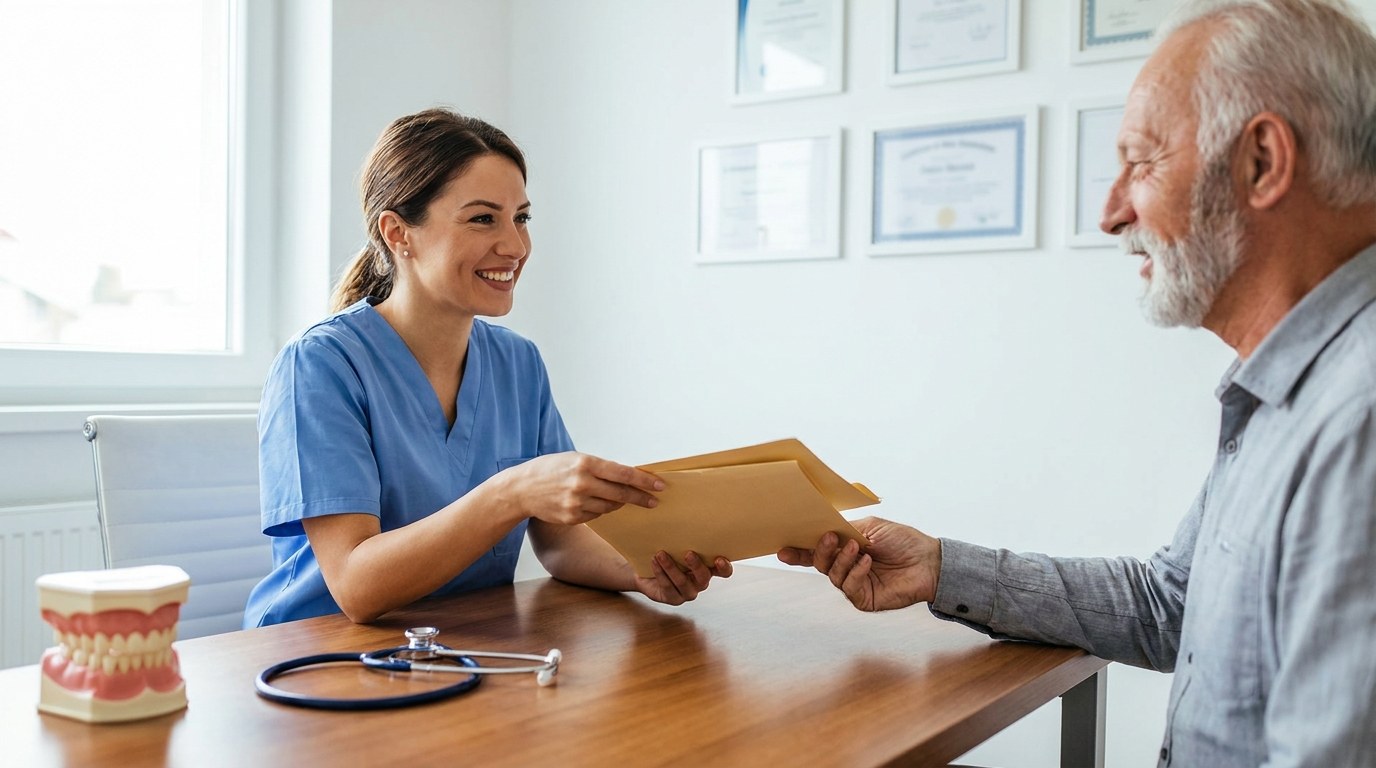 Dentist in modern European clinic showing accreditation certificate and implant documentation to a patient