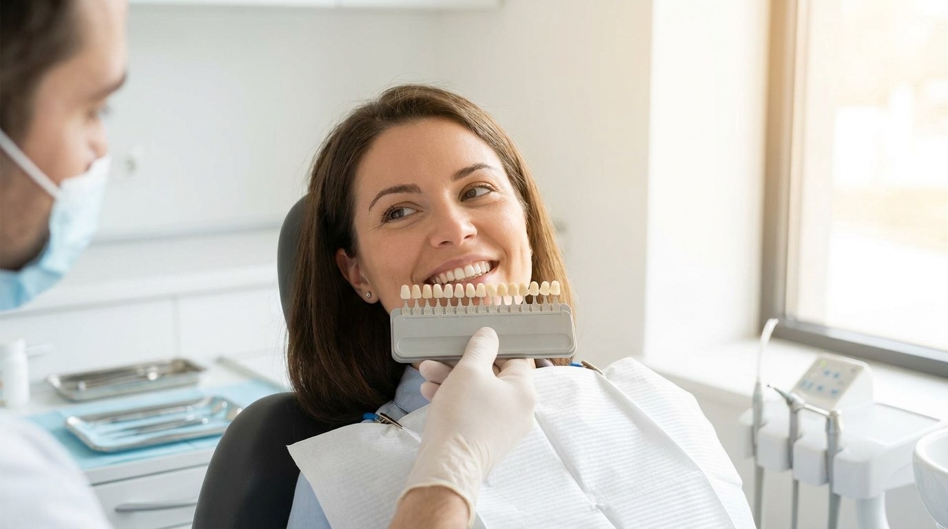 Dentist matching veneer shades against a patient's smile with a shade guide at a modern clinic