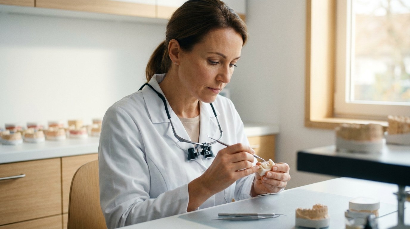 Dental technician crafting a ceramic crown in a modern European dental laboratory