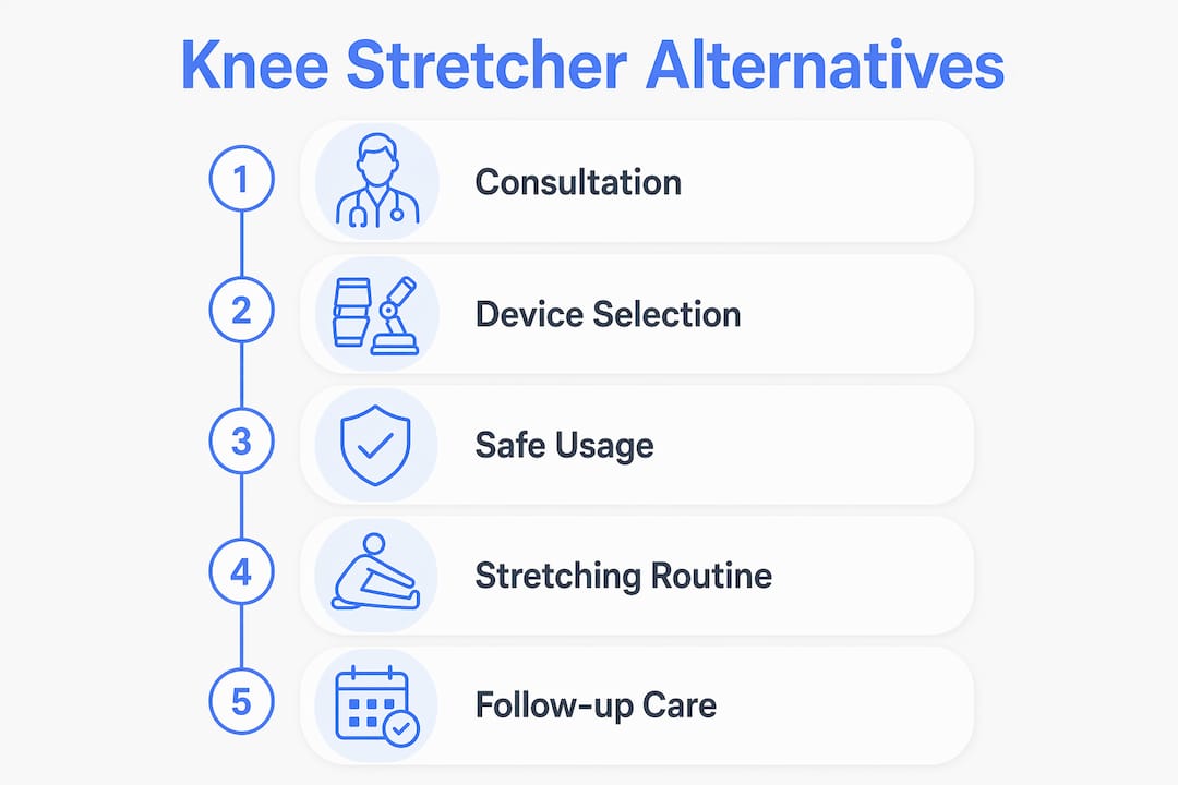 Infographic depicting steps for knee stretcher alternatives usage