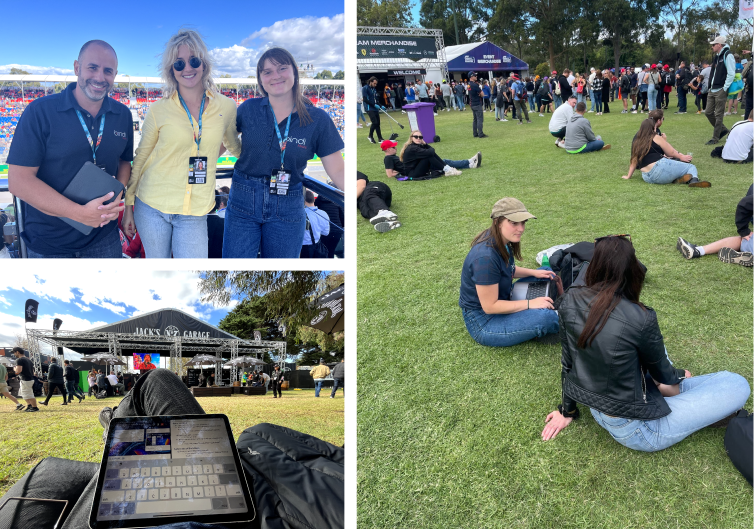 3 images from the Formula 1 grand prix usability testing. Lucy standing with 2 other BindiMaps employees smiling at camera, an image of lucy sitting on the grass next to a participant in discussion and a close up of Lucy's iPad, sitting in front of a even stand at the event