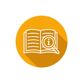 Weißes Symbol eines geöffneten Buches mit einer Lupe und einem Informationszeichen auf orangefarbenem Kreis mit langem Schatten.