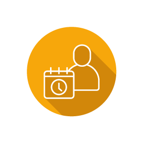 Weißes Symbol einer Person mit Kalender und Uhr auf orangefarbenem Kreis mit Schatten.