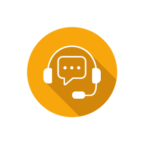 Symbol eines Kopfhörers mit Mikrofon und Sprechblase auf orangefarbenem Kreis, dargestellt als Support- oder Helpcenter-Icon.