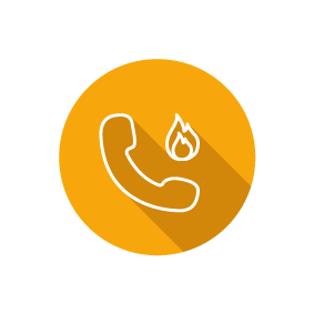 Telefonhörer mit Flammensymbol auf orangefarbenem Kreis als Symbol für Notruf oder Feuerwehr.
