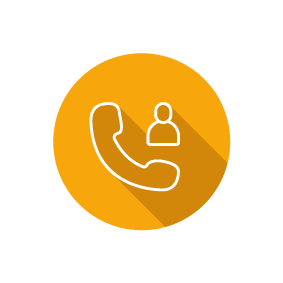 Weißes Telefonsymbol und Kontaktperson in einem orangen Kreis mit Schatten.