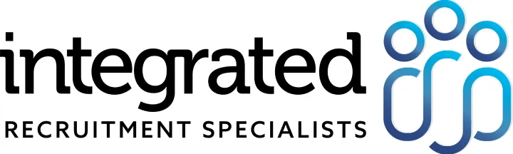 Integrated Recruitment Specialists logo with stylised people icon in blue gradient and black text.