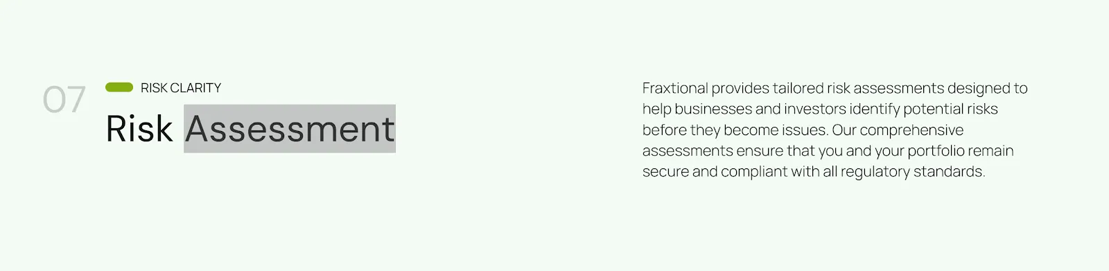 Tailored risk assessment service helping businesses and investors identify issues early and stay compliant with financial regulations.