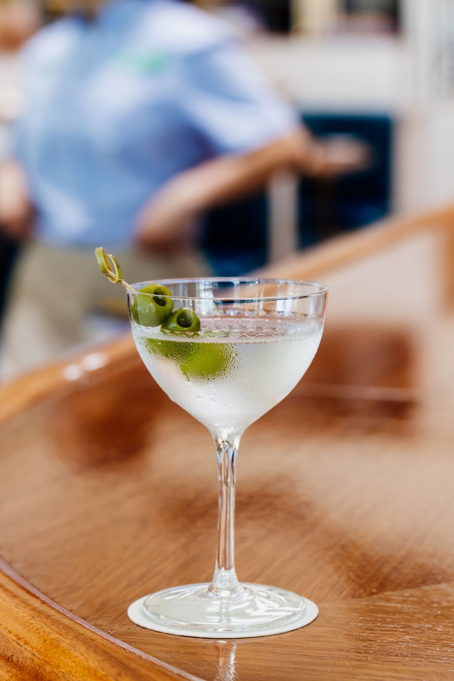 A classic Clark's martini garnished with two olives