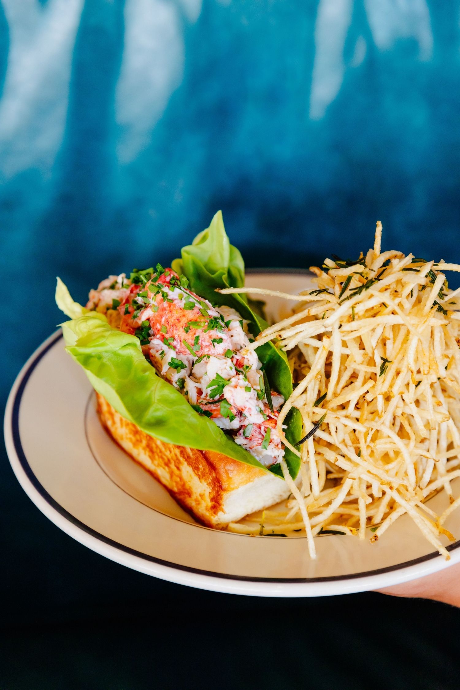 A lobster roll on a soft, brioche bun with butter lettuce and crispy fries