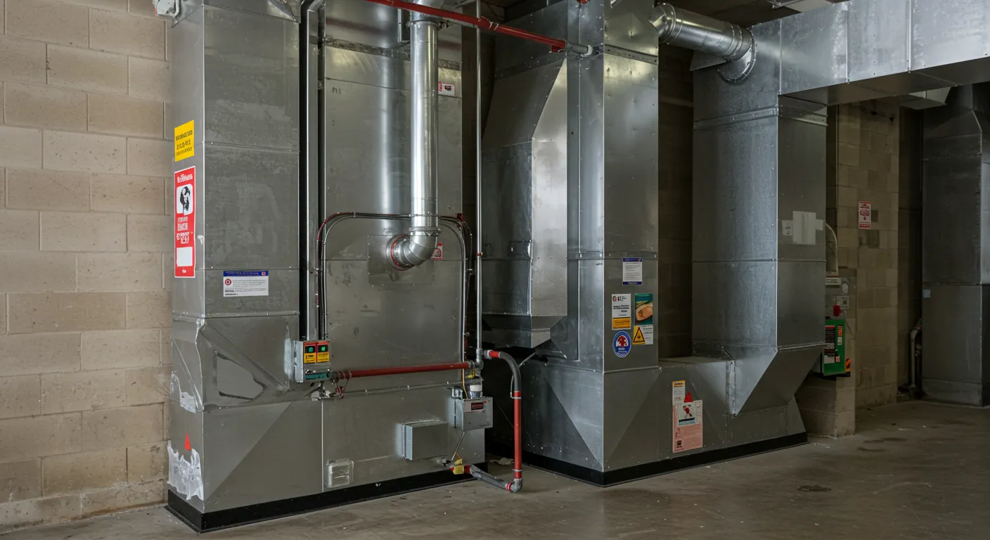An array of large, silver-grey furnace components and associated ventilation ducts run vertically in an industrial setting.
