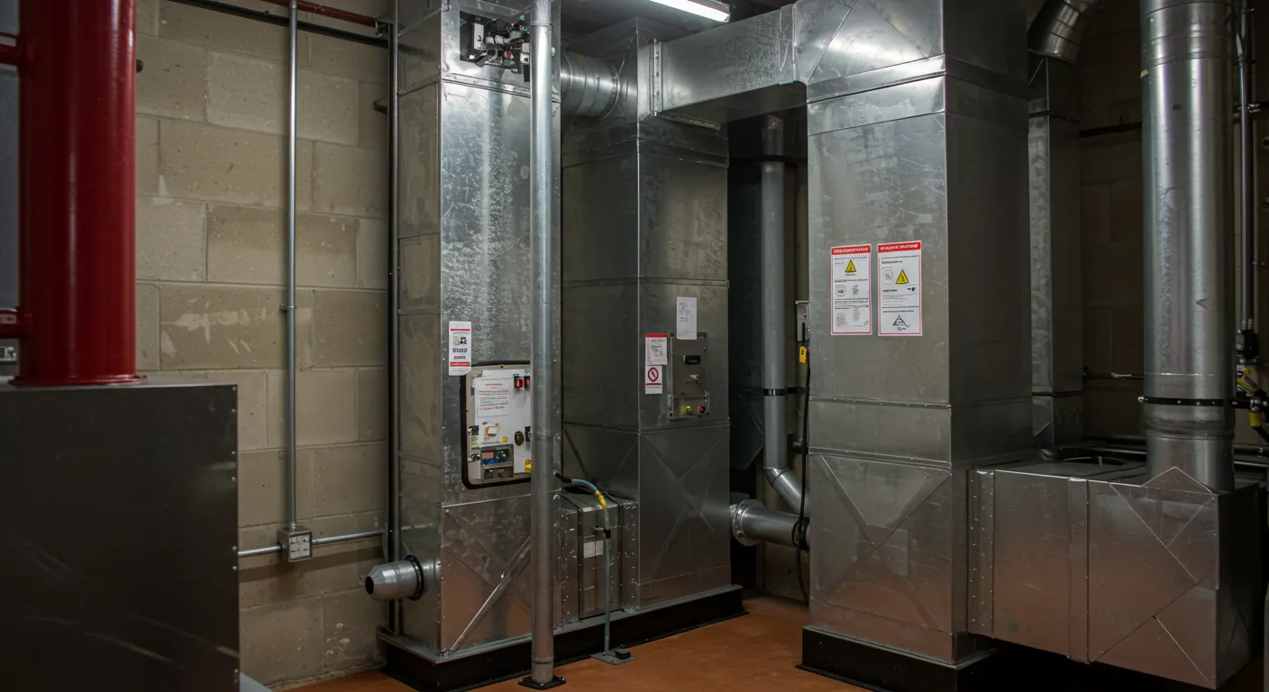 An array of large, silver-grey furnace components and associated ventilation ducts run vertically in an industrial setting.